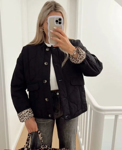 Women's Quilted Jacket with Leopard Print Lining — Black — Alfa Empire, view 2