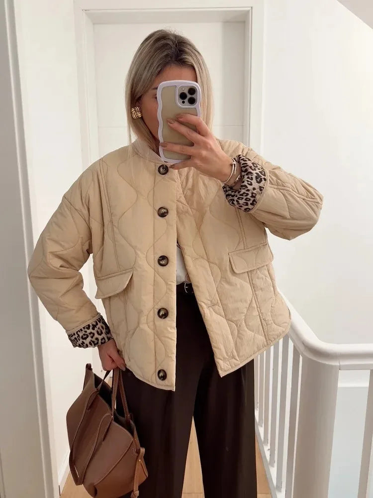 Women's Quilted Jacket with Leopard Print Lining — Beige — Alfa Empire, view 3