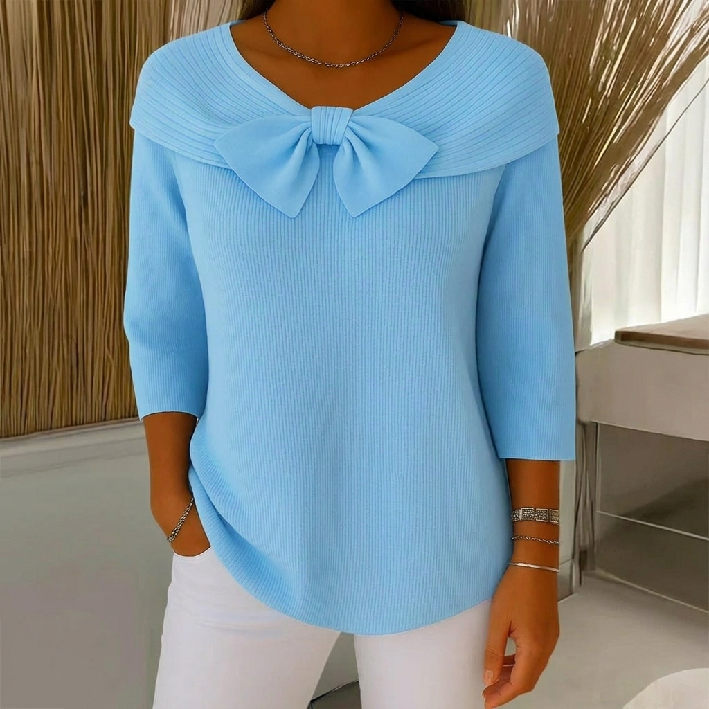 Women's Ribbed Sweater with Bow Detail Three-Quarter Sleeve — Blue — Alfa Empire, view 1