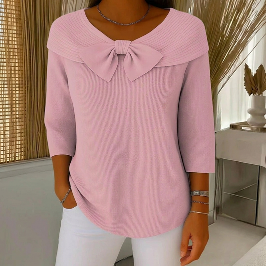Women's Ribbed Sweater with Bow Detail Three-Quarter Sleeve — Pink — Alfa Empire, view 2
