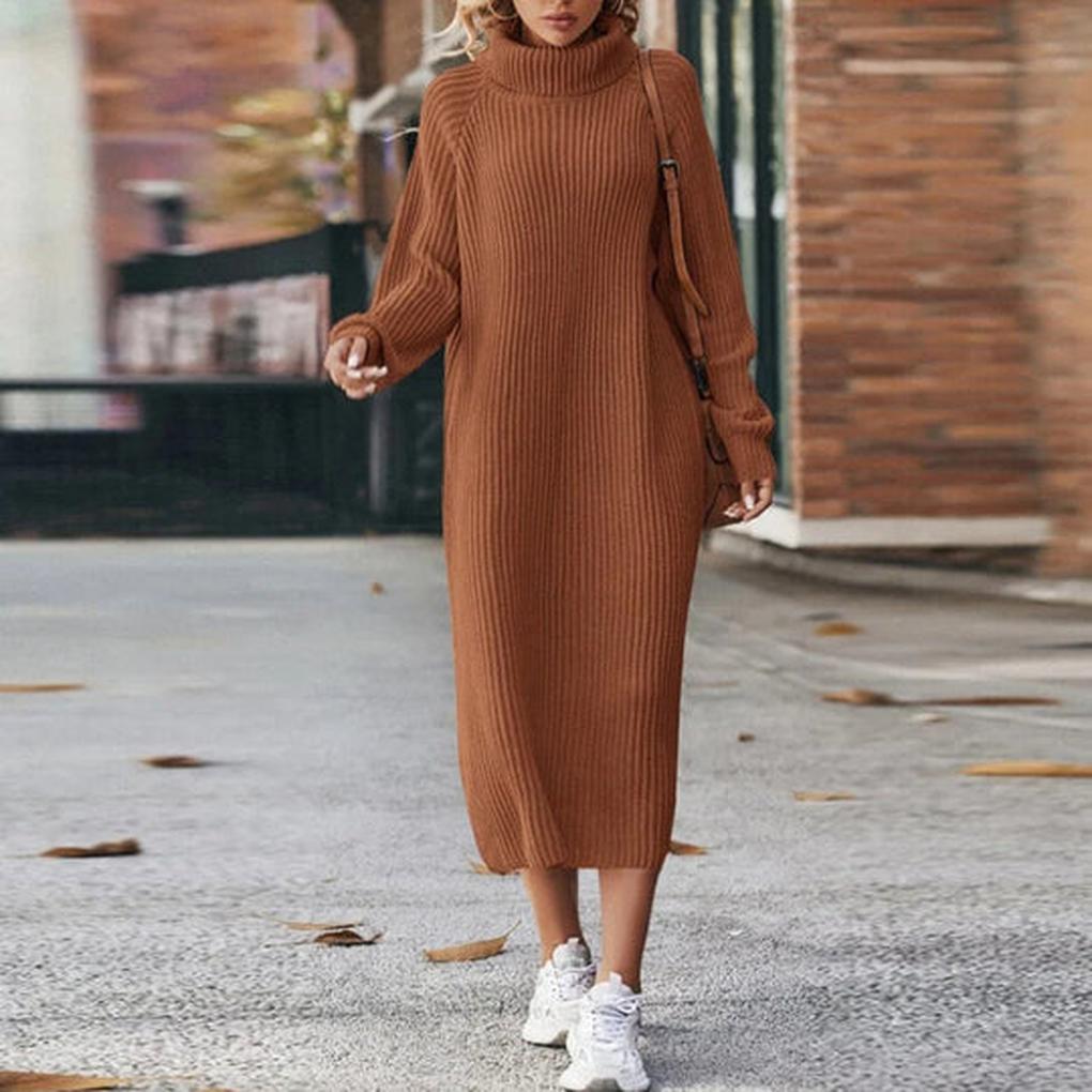 Women's Ribbed Turtleneck Midi Sweater Dress — Caramel — Alfa Empire, view 2