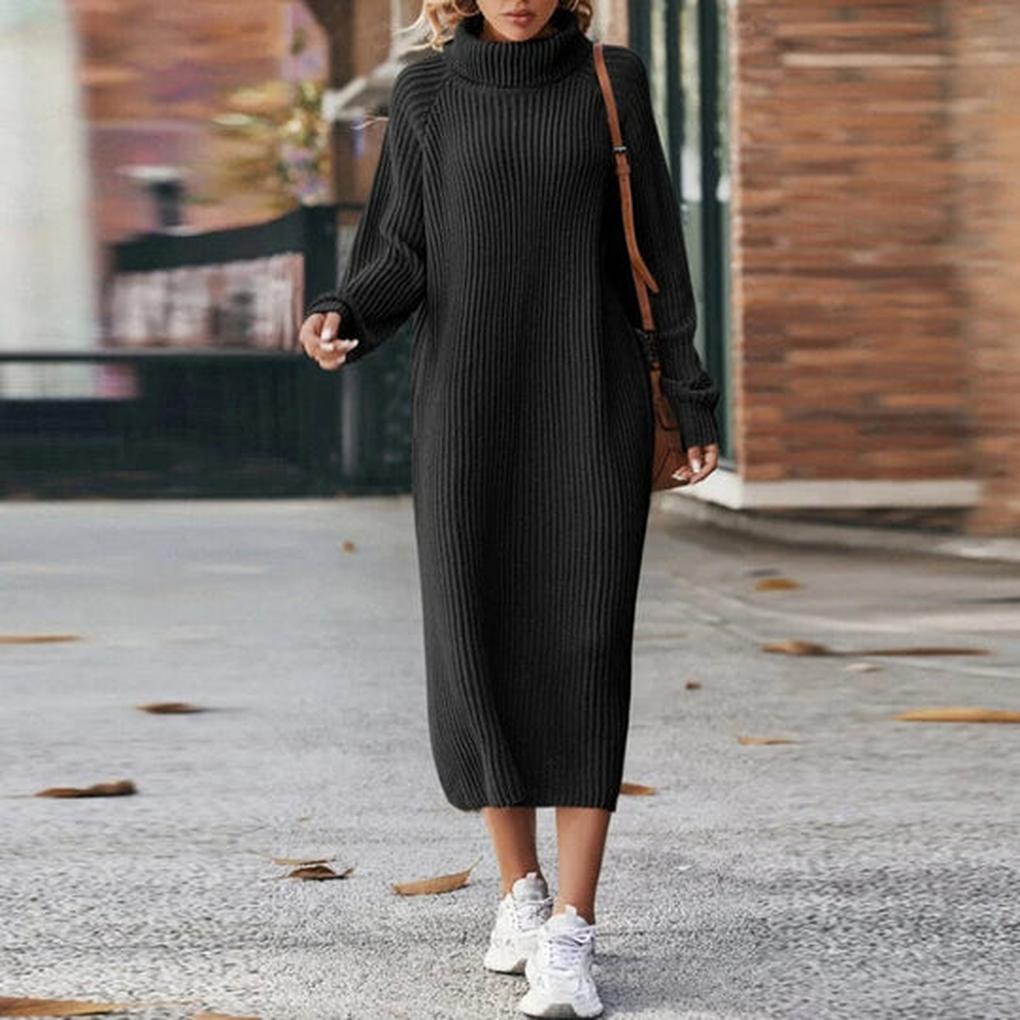 Women's Ribbed Turtleneck Midi Sweater Dress — Black — Alfa Empire, view 3