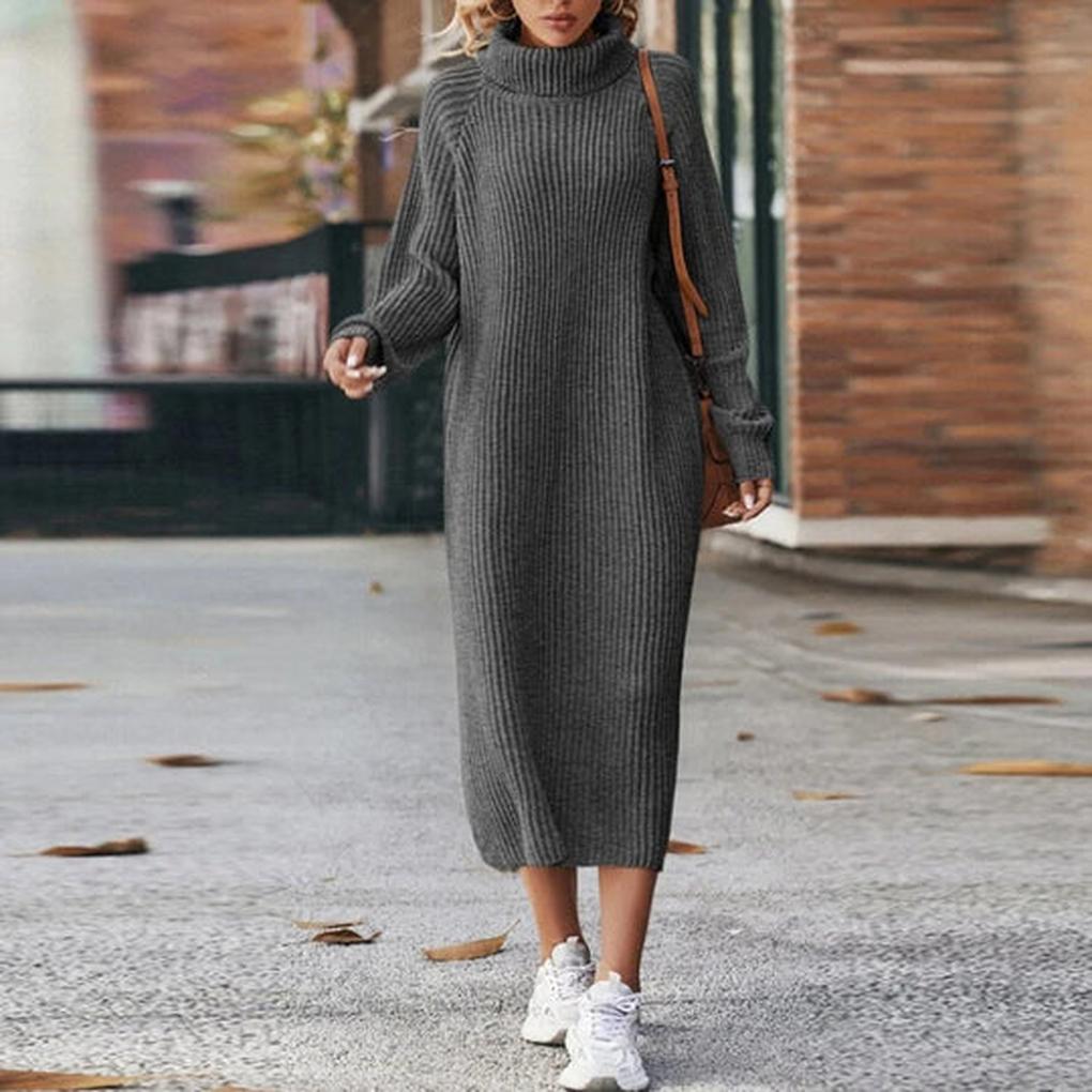 Women's Ribbed Turtleneck Midi Sweater Dress — Gray — Alfa Empire, view 4