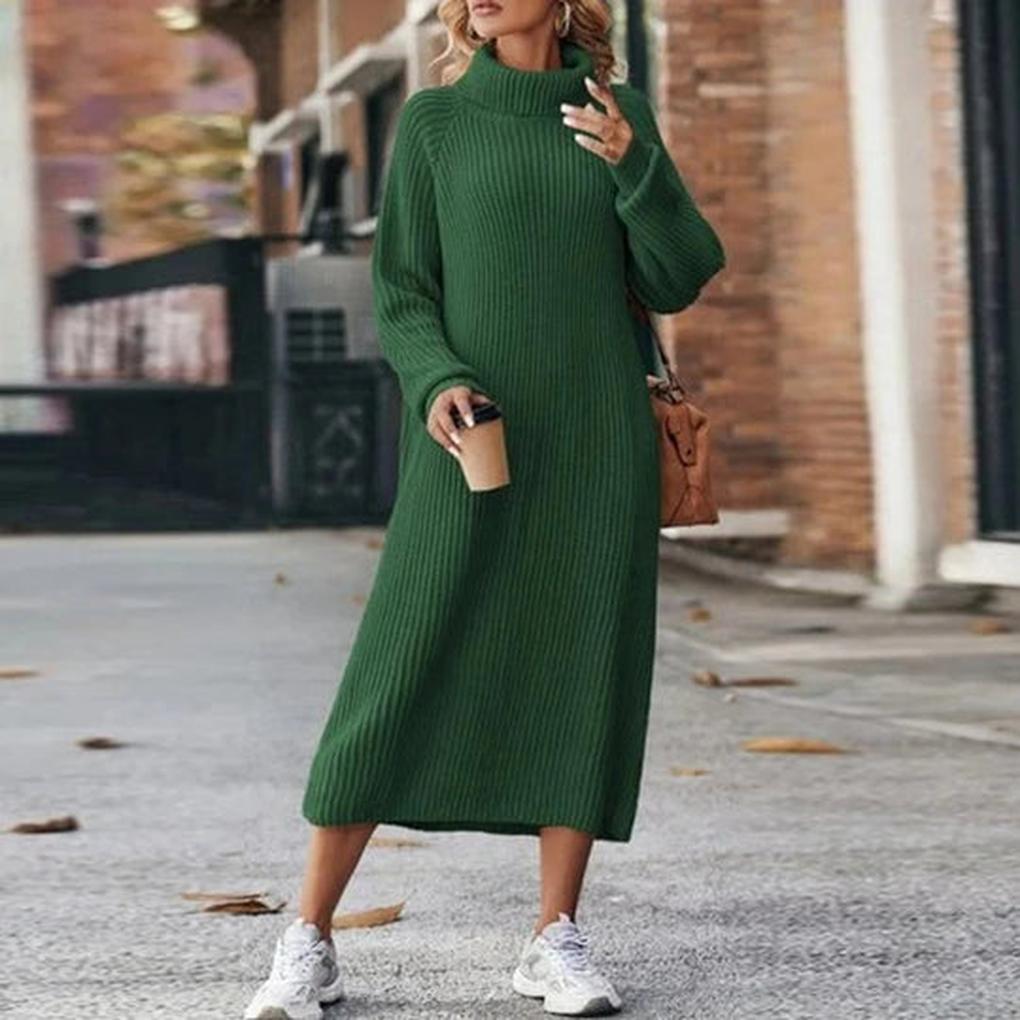 Women's Ribbed Turtleneck Midi Sweater Dress — Green — Alfa Empire, view 5