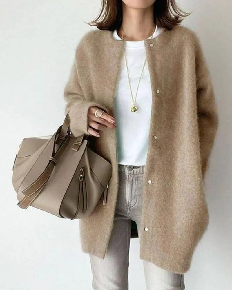 Women's Snap-Front Long Cardigan with Round Neck — Light Brown — Alfa Empire, view 1