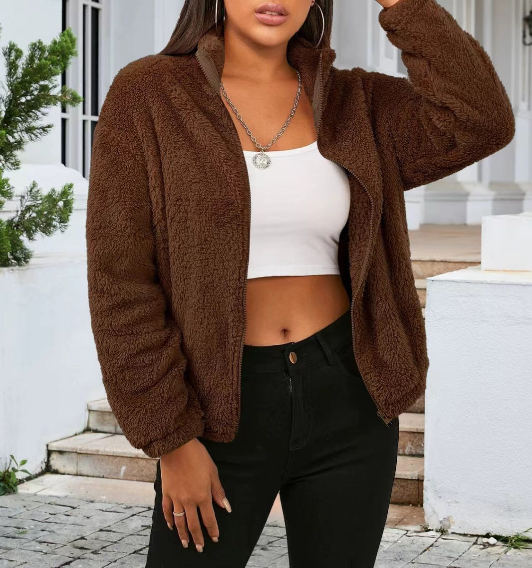 Women's Teddy Zip Jacket with High Collar and Relaxed Fit — Dark Brown — Alfa Empire, view 1