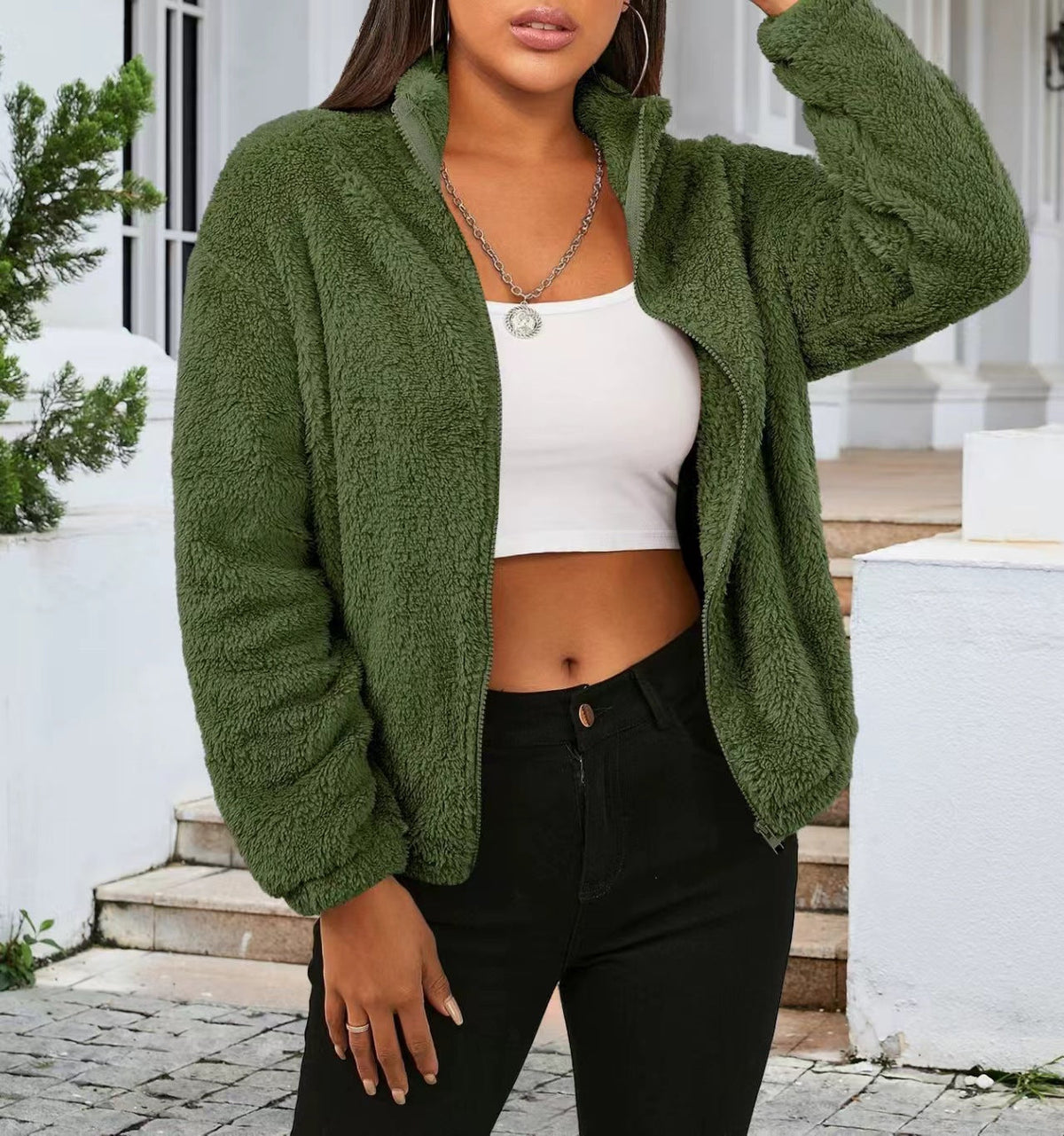 Women's Teddy Zip Jacket with High Collar and Relaxed Fit — Olive Green — Alfa Empire, view 2