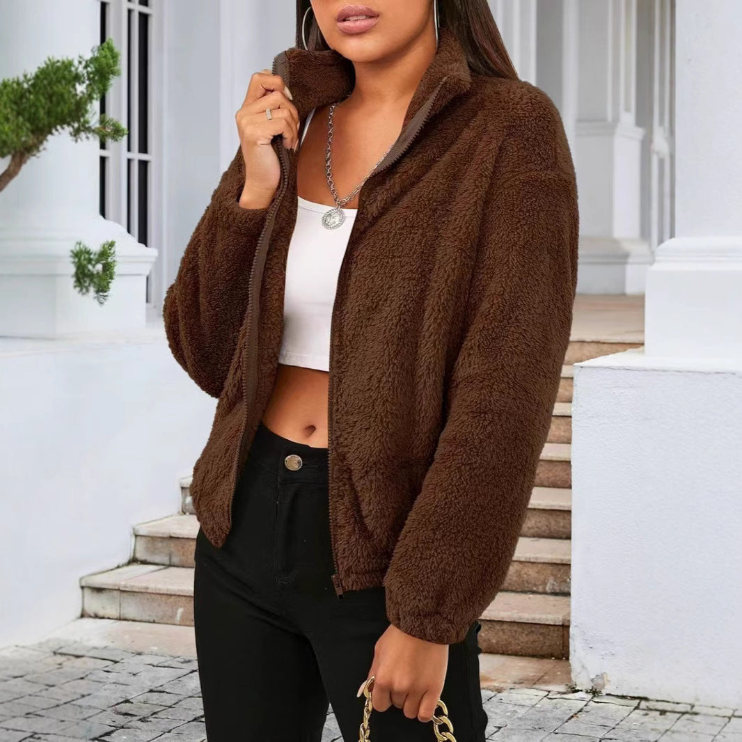 Women's Teddy Zip Jacket with High Collar and Relaxed Fit — Alfa Empire, view 5