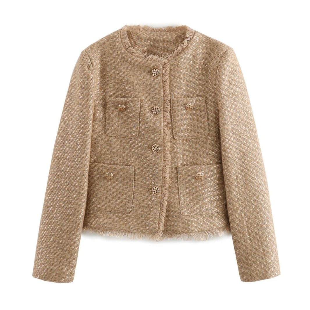Women's Textured Blazer Gold Button Front with Patch Pockets — Khaki — Alfa Empire, view 1