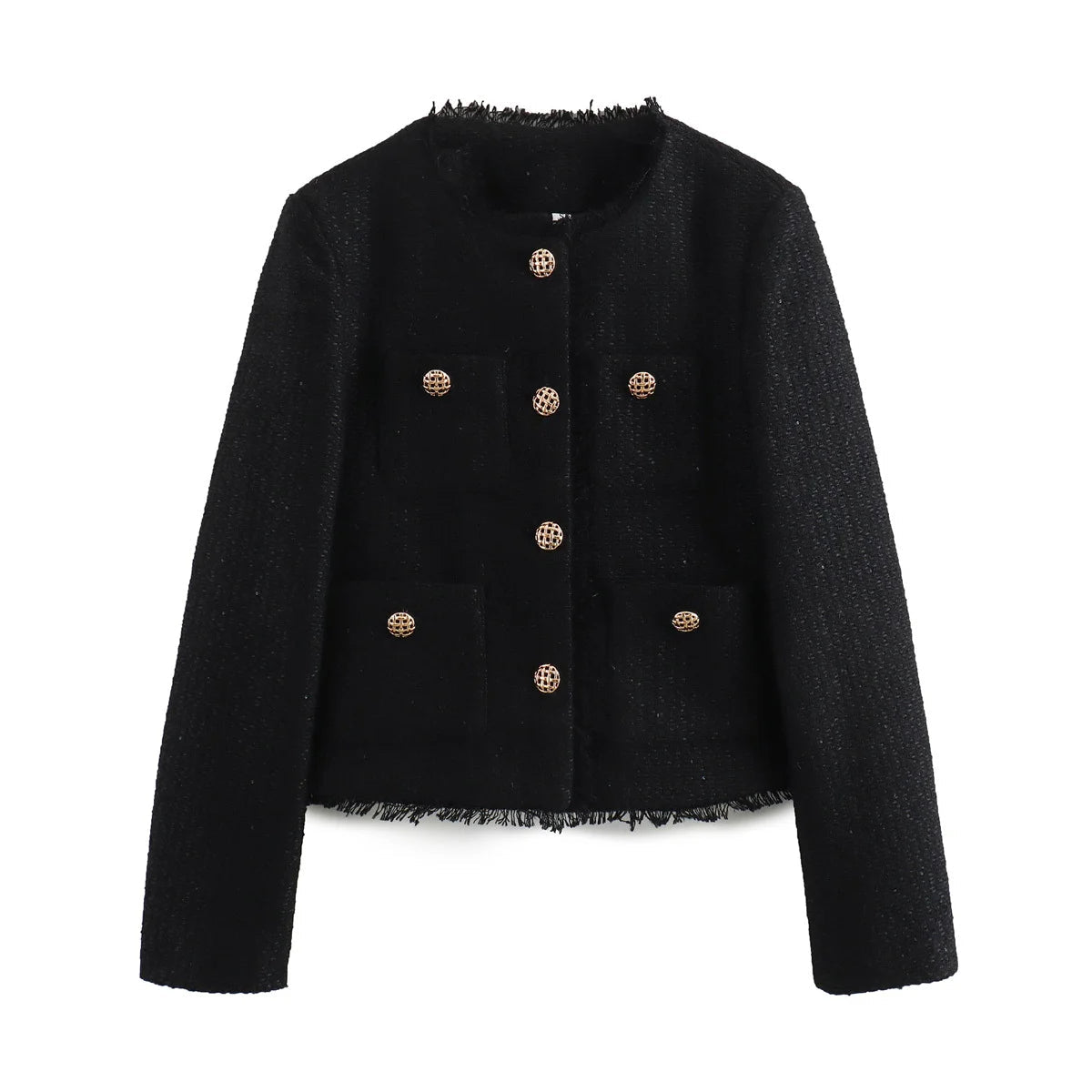 Women's Textured Blazer Gold Button Front with Patch Pockets — Black — Alfa Empire, view 2