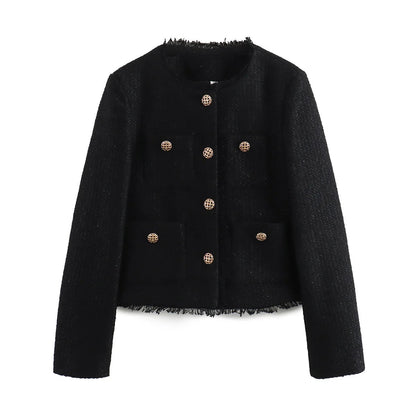 Women's Textured Blazer Gold Button Front with Patch Pockets — Black — Alfa Empire, view 2