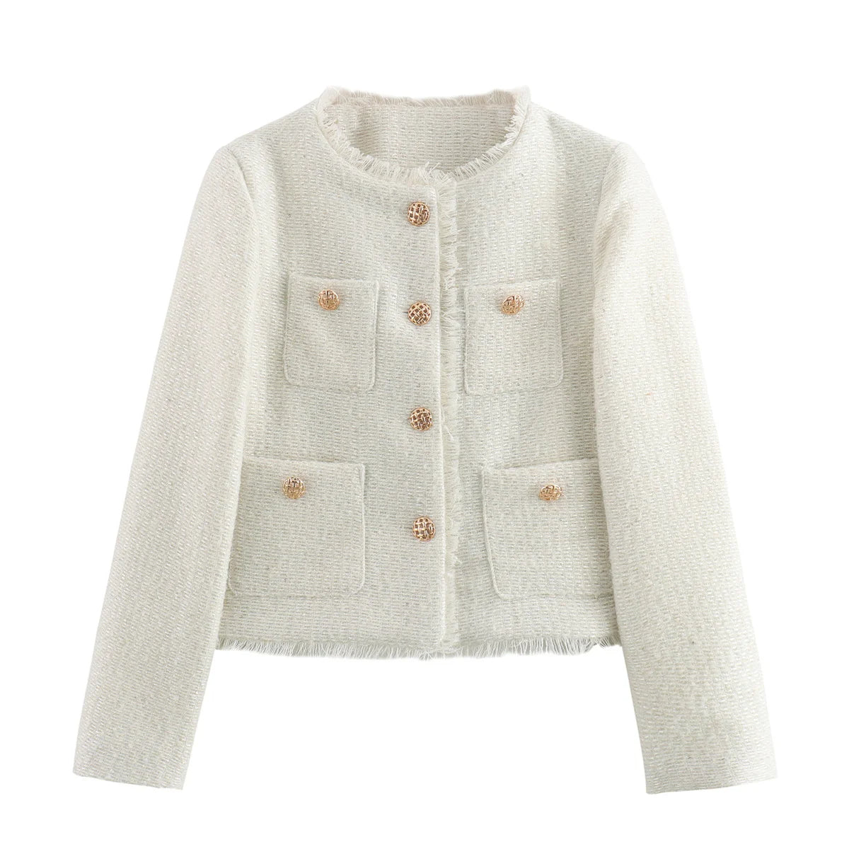 Women's Textured Blazer Gold Button Front with Patch Pockets — White — Alfa Empire, view 3