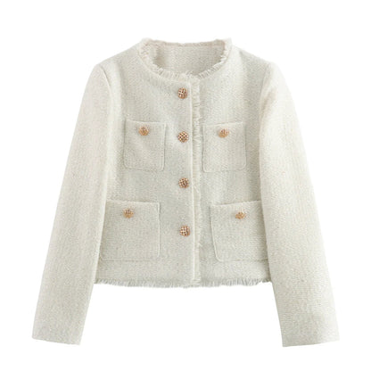 Women's Textured Blazer Gold Button Front with Patch Pockets — White — Alfa Empire, view 3