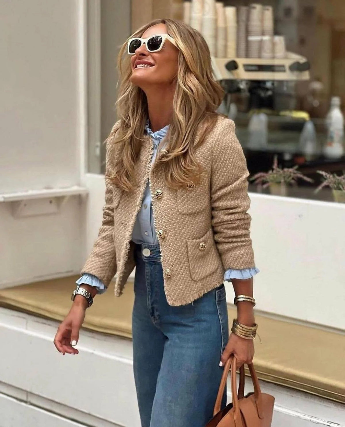 Women's Textured Blazer Gold Button Front with Patch Pockets — Alfa Empire, view 4
