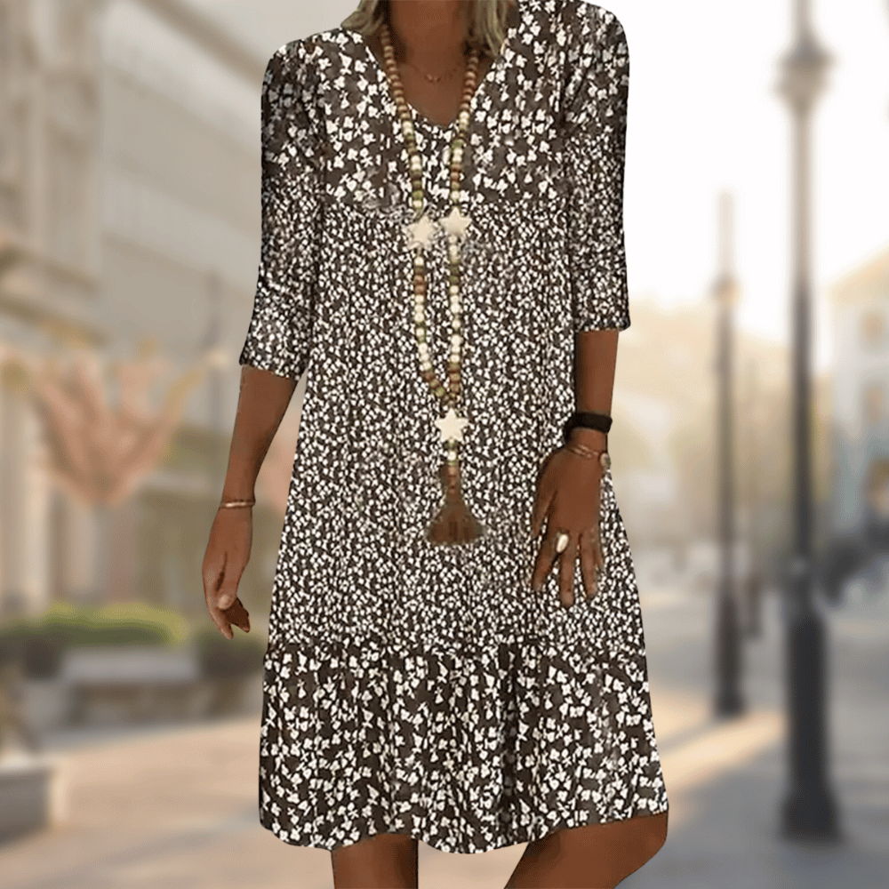 Xenia | Casual Printed Comfortable Dress — Brown — Alfa Empire, view 3