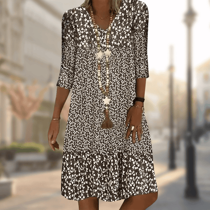Xenia | Casual Printed Comfortable Dress — Brown — Alfa Empire, view 3