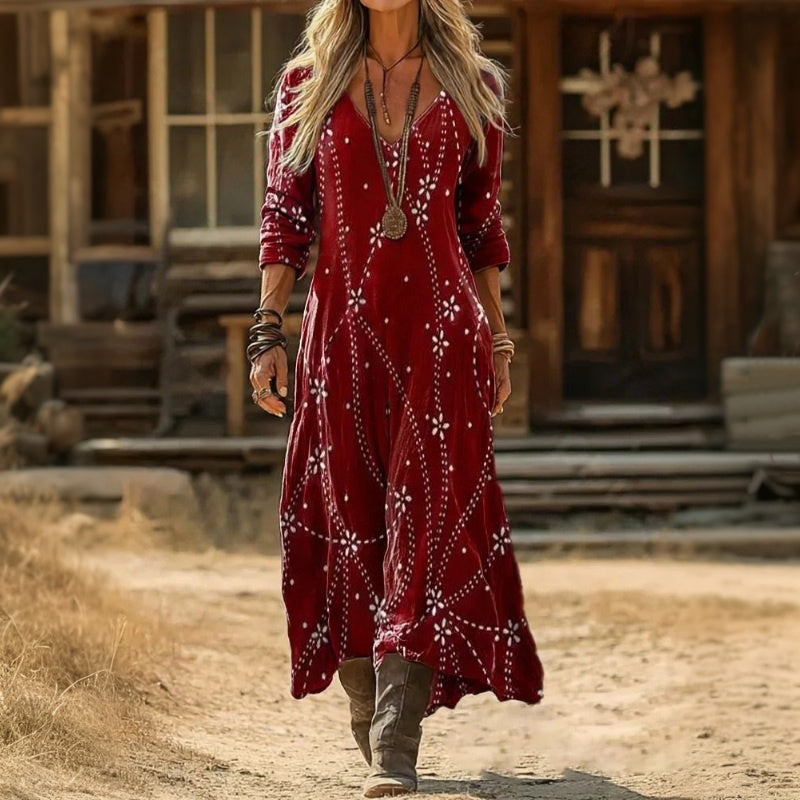 Yolanda | Vintage Wine Red Long Sleeve Dress — Red — Alfa Empire, view 1