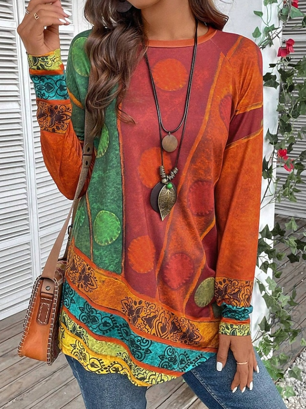 Zaria | Boho Floral Long Sleeve Tunic Top — Orange — Alfa Empire, view 2