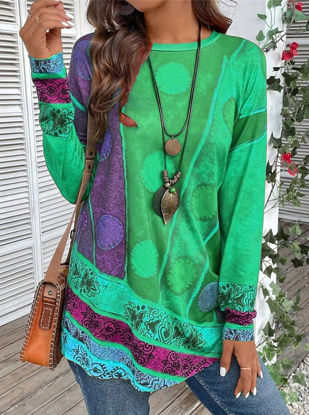 Zaria | Boho Floral Long Sleeve Tunic Top — Green — Alfa Empire, view 3