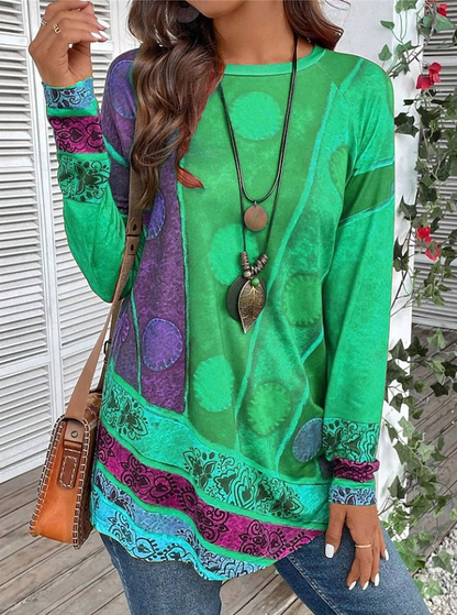 Zaria | Boho Floral Long Sleeve Tunic Top — Green — Alfa Empire, view 3