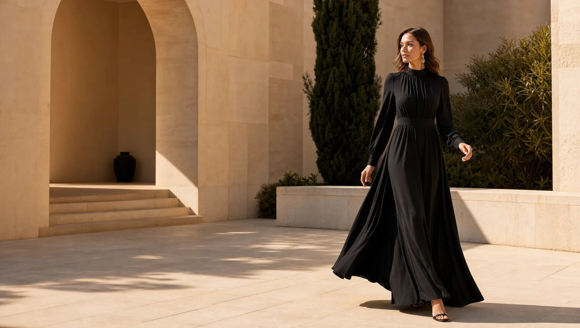 Woman in a flowing black maxi dress walking through a sunlit limestone courtyard