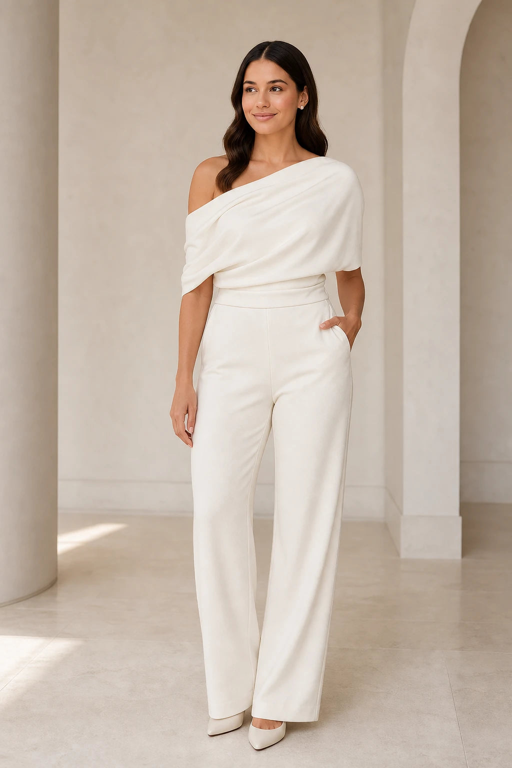 Woman wearing an ivory one-shoulder tailored jumpsuit in a contemporary gallery