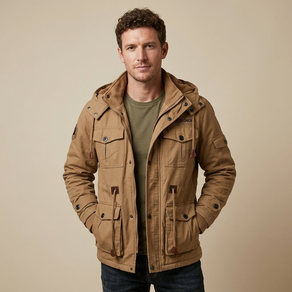 Men's Winter Jacket Army Green Fleece Thermal Hooded Jacket Casual Outdoor Jacket