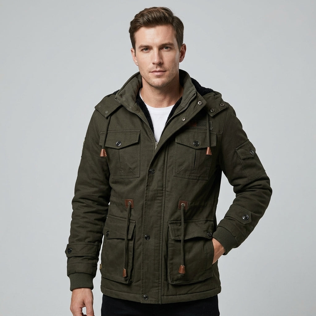 Men's Winter Jacket Army Green Fleece Thermal Hooded Jacket Casual Outdoor Jacket