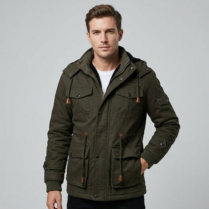 Men's Winter Jacket Army Green Fleece Thermal Hooded Jacket Casual Outdoor Jacket