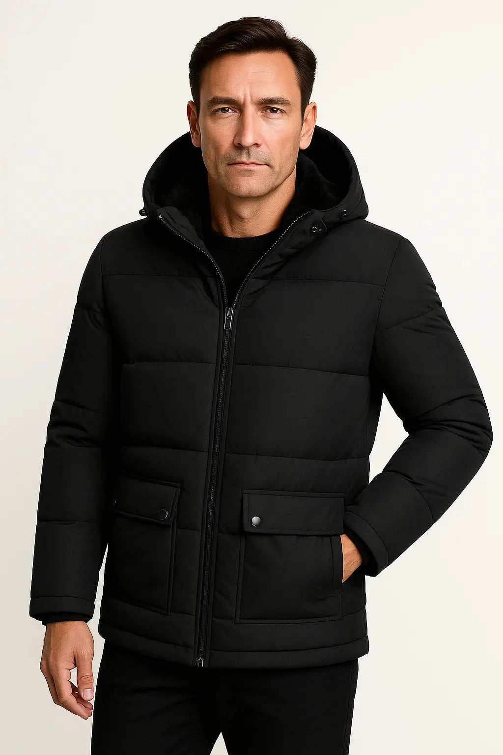 Men's Winter Jacket Black Lambswool Oversized Hooded Thick Padded Jacket