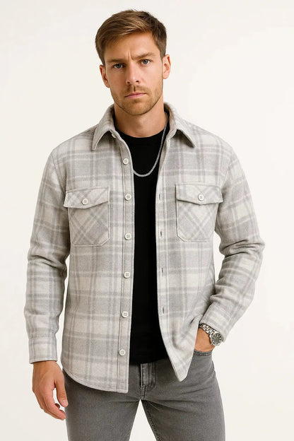 Men's Casual Shirt  Long Sleeve Checkered Khaki