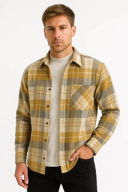 Men's Casual Shirt  Long Sleeve Checkered Khaki