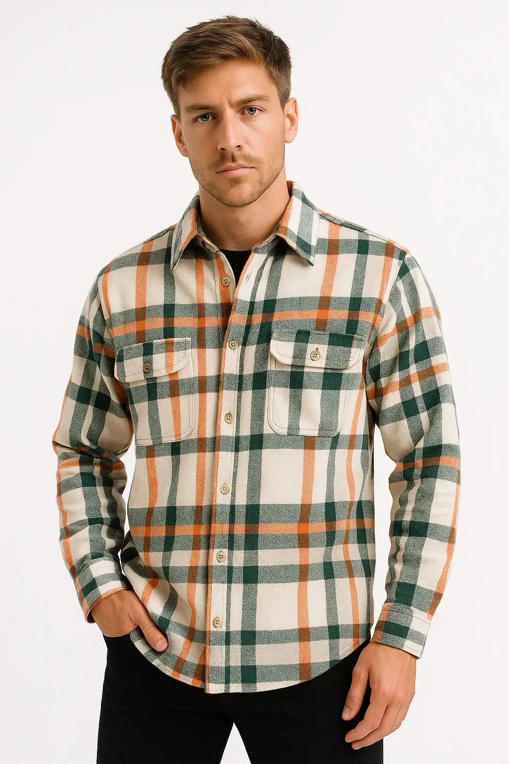 Men's Casual Shirt  Long Sleeve Checkered Khaki