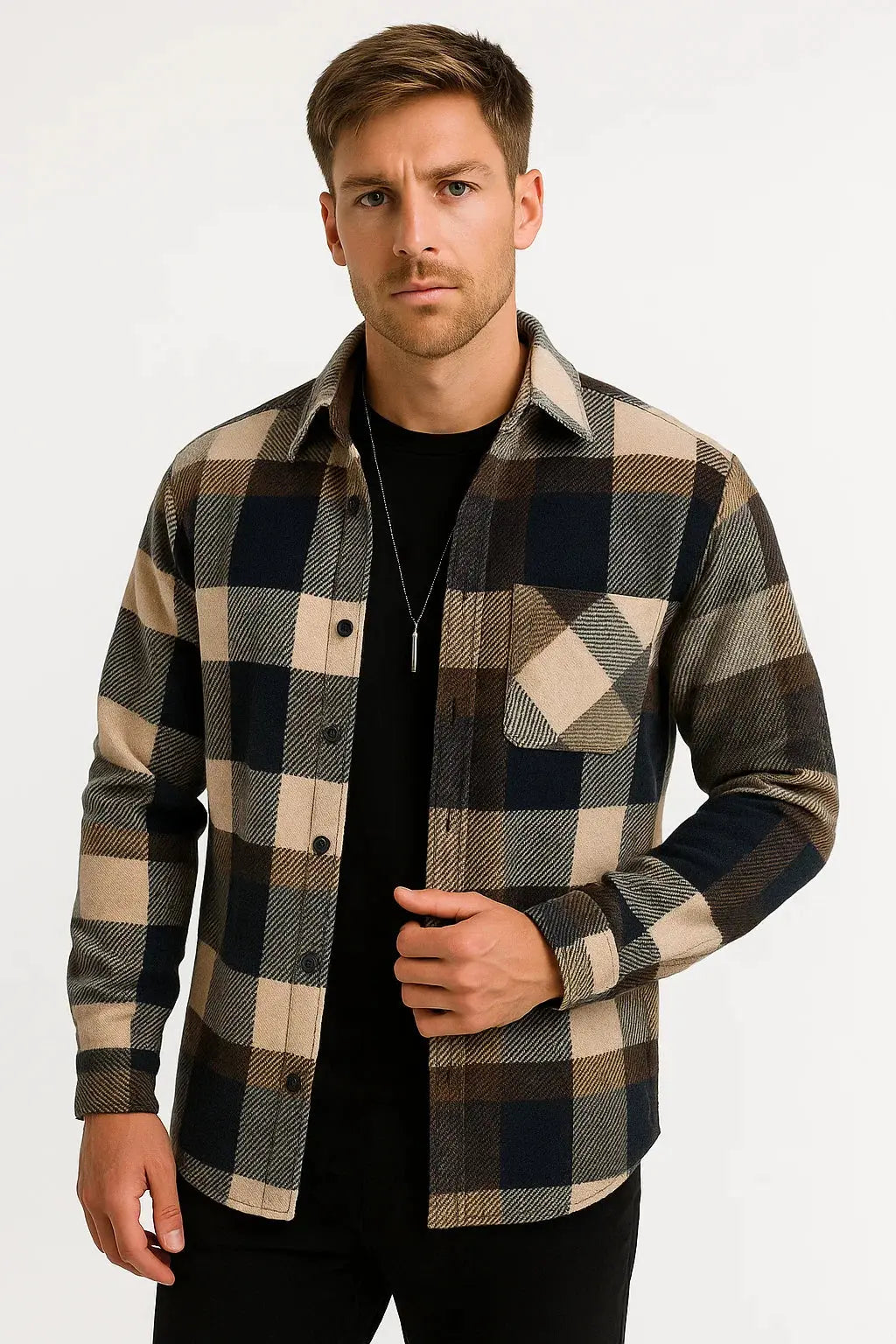 Men's Casual Shirt  Long Sleeve Checkered Khaki