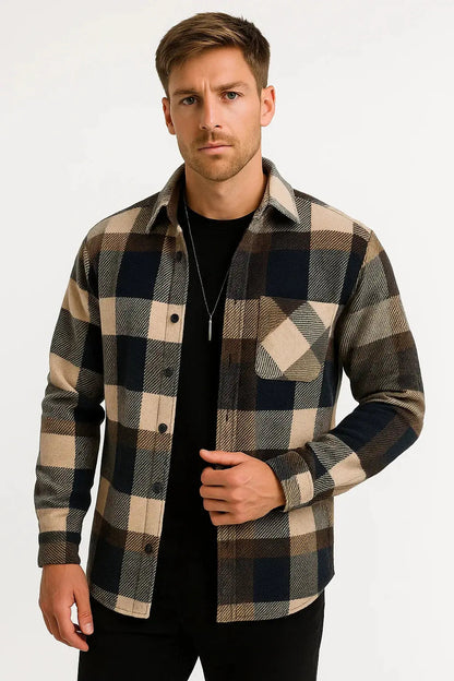 Men's Casual Shirt  Long Sleeve Checkered Khaki