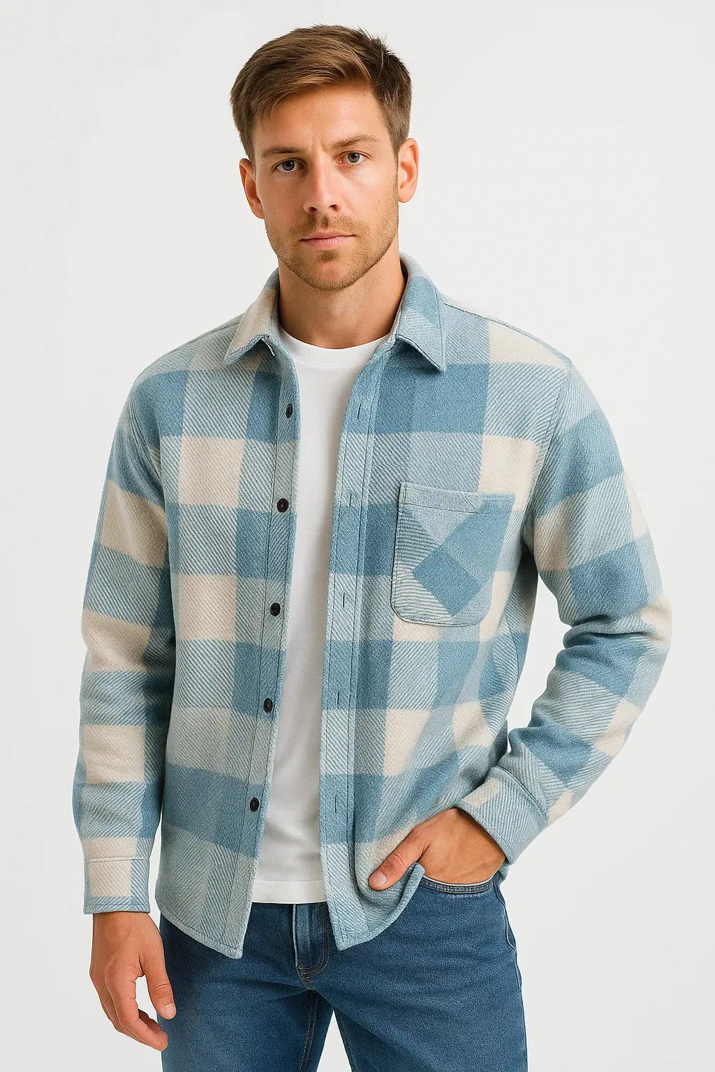 Men's Casual Shirt  Long Sleeve Checkered Khaki