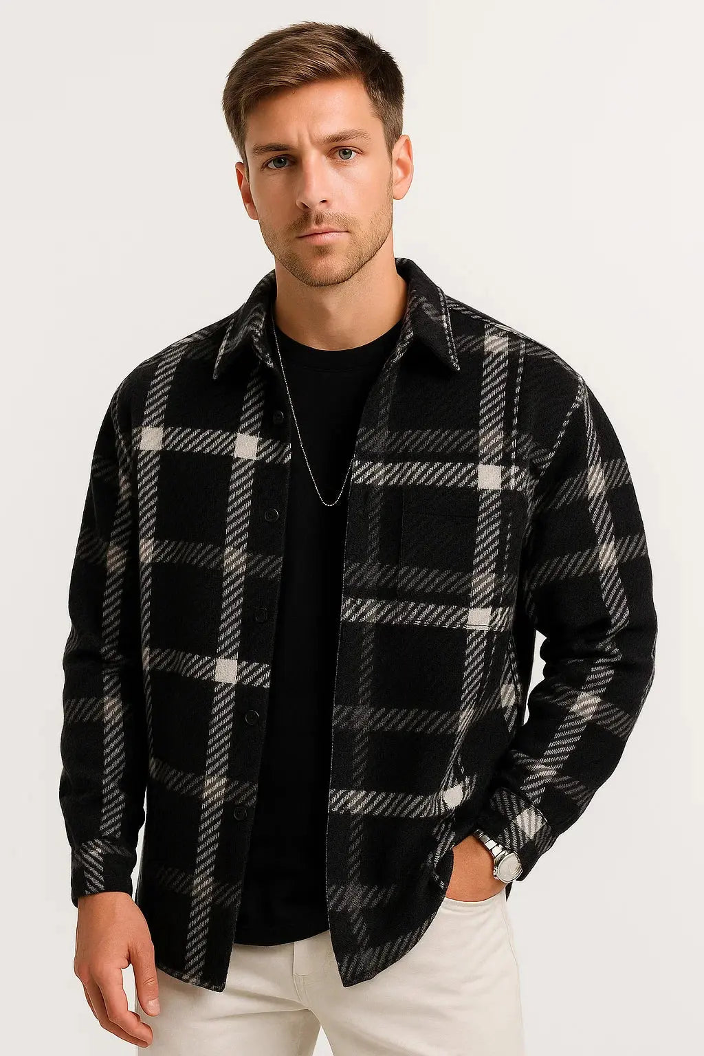 Men's Casual Shirt  Long Sleeve Checkered Khaki