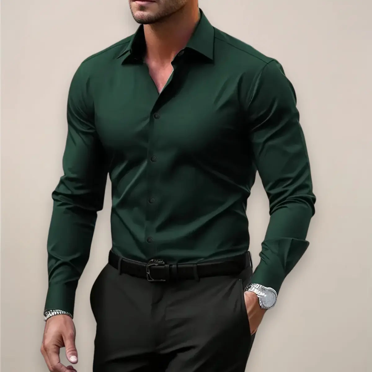 Men’s Long-Sleeve Shirt – Classic Notched Collar, Versatile Smart Style