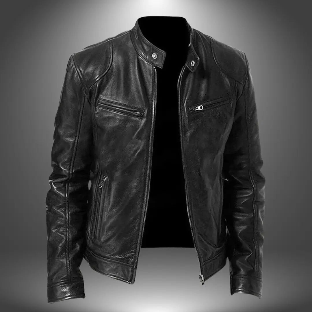 Men’s Leather Biker Jacket – Zip-Up with Stand Collar and Pockets