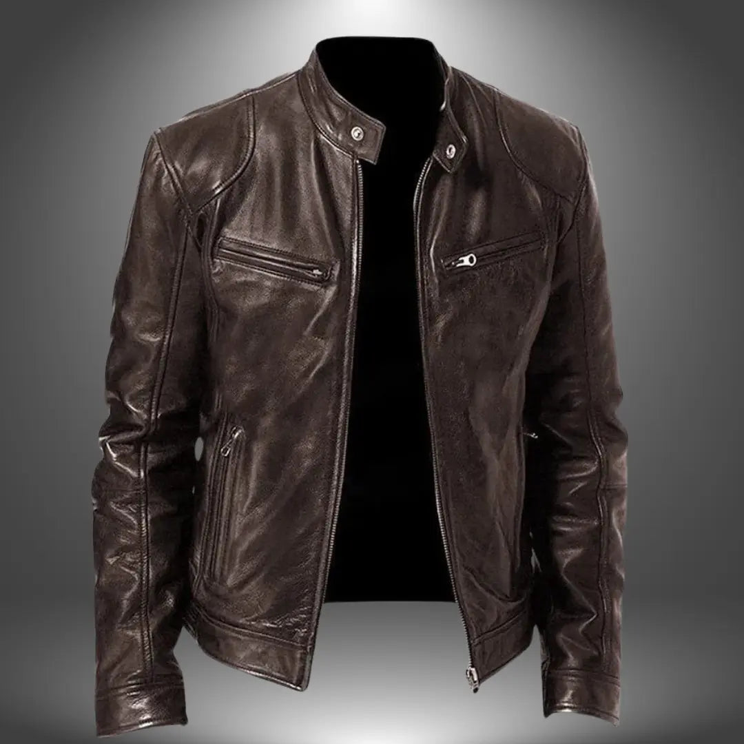 Men’s Leather Biker Jacket – Zip-Up with Stand Collar and Pockets