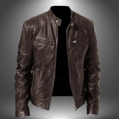 Men’s Leather Biker Jacket – Zip-Up with Stand Collar and Pockets