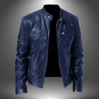 Men’s Leather Biker Jacket – Zip-Up with Stand Collar and Pockets