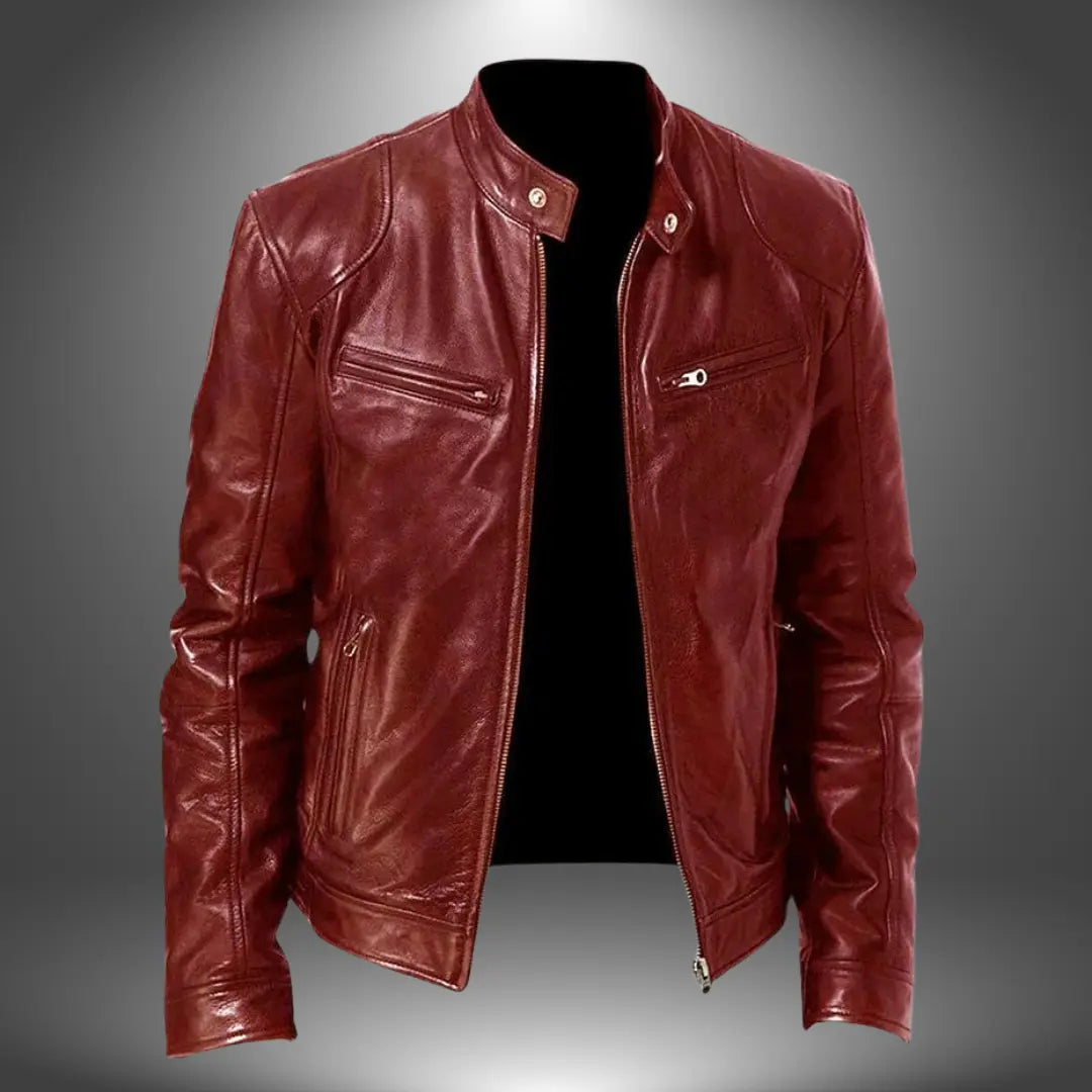 Men’s Leather Biker Jacket – Zip-Up with Stand Collar and Pockets