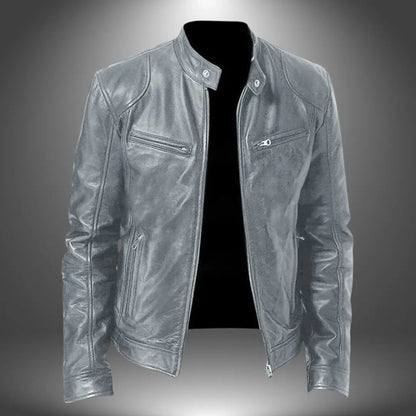 Men’s Leather Biker Jacket – Zip-Up with Stand Collar and Pockets