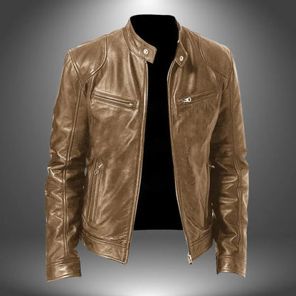 Men’s Leather Biker Jacket – Zip-Up with Stand Collar and Pockets