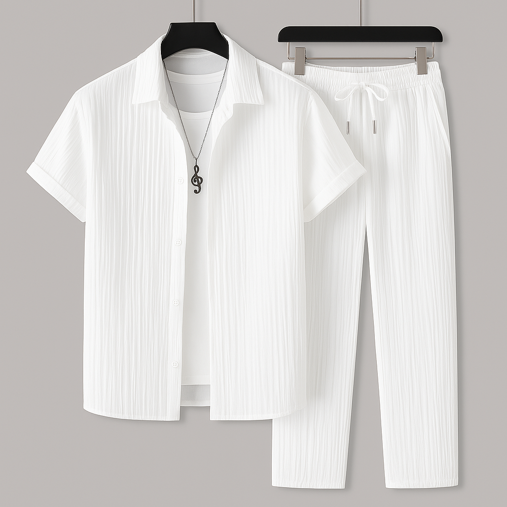Men Summer Two-Piece Set Pleated Synthetic