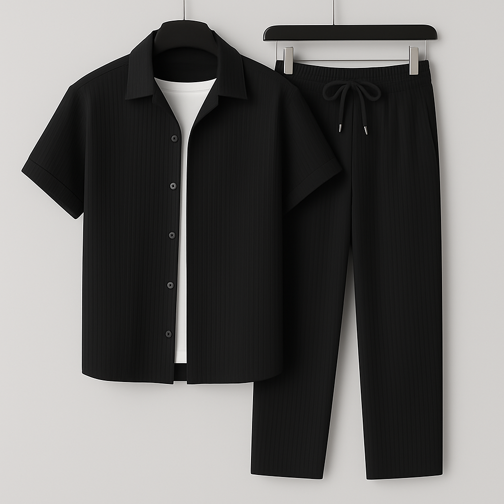 Men Summer Two-Piece Set Pleated Synthetic