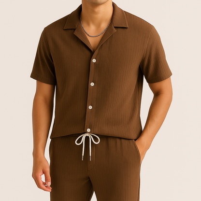 Men Summer Two-Piece Set Pleated Synthetic