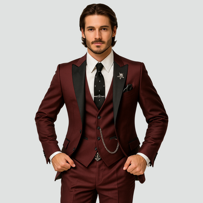 Men formal three-piece suit black peak lapels