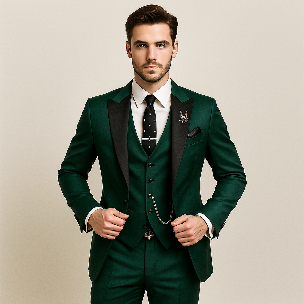 Men formal three-piece suit black peak lapels